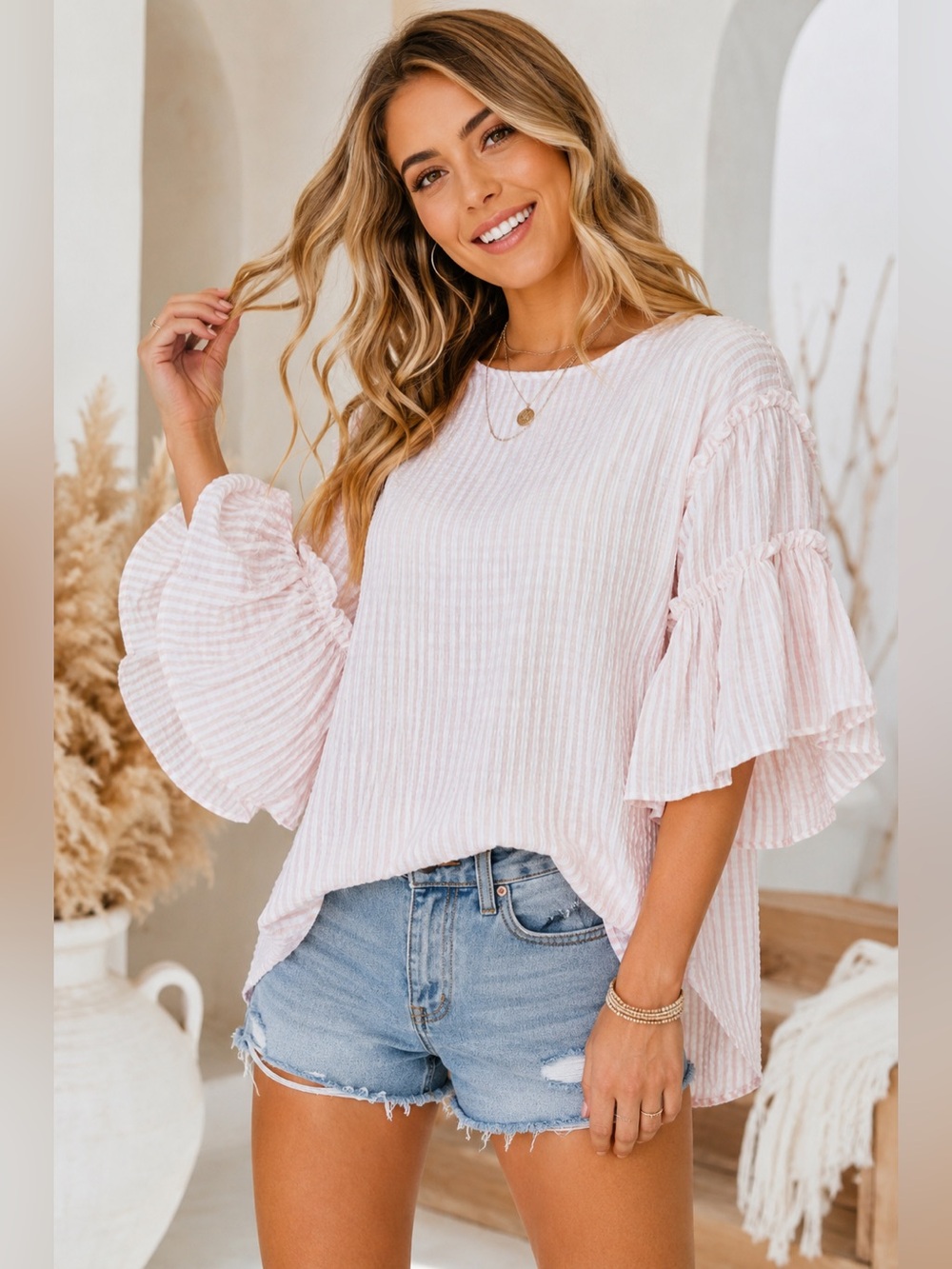 Chelsea & Theodore Ruffle Bell Sleeve Blouse Blush Pink Stripe NWT Medium